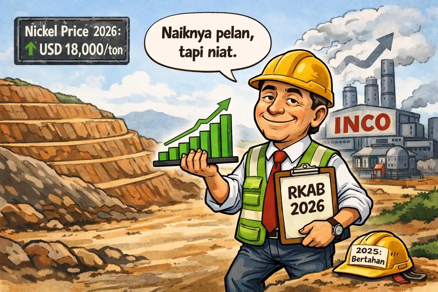 Saham INCO naik bertahap didukung akumulasi asing dan pemulihan harga nikel global 2026. Fundamental bertahan, RKAB jadi kunci cerita. Gambar dibuat oleh AI dan dikurasi oleh KabarBursa