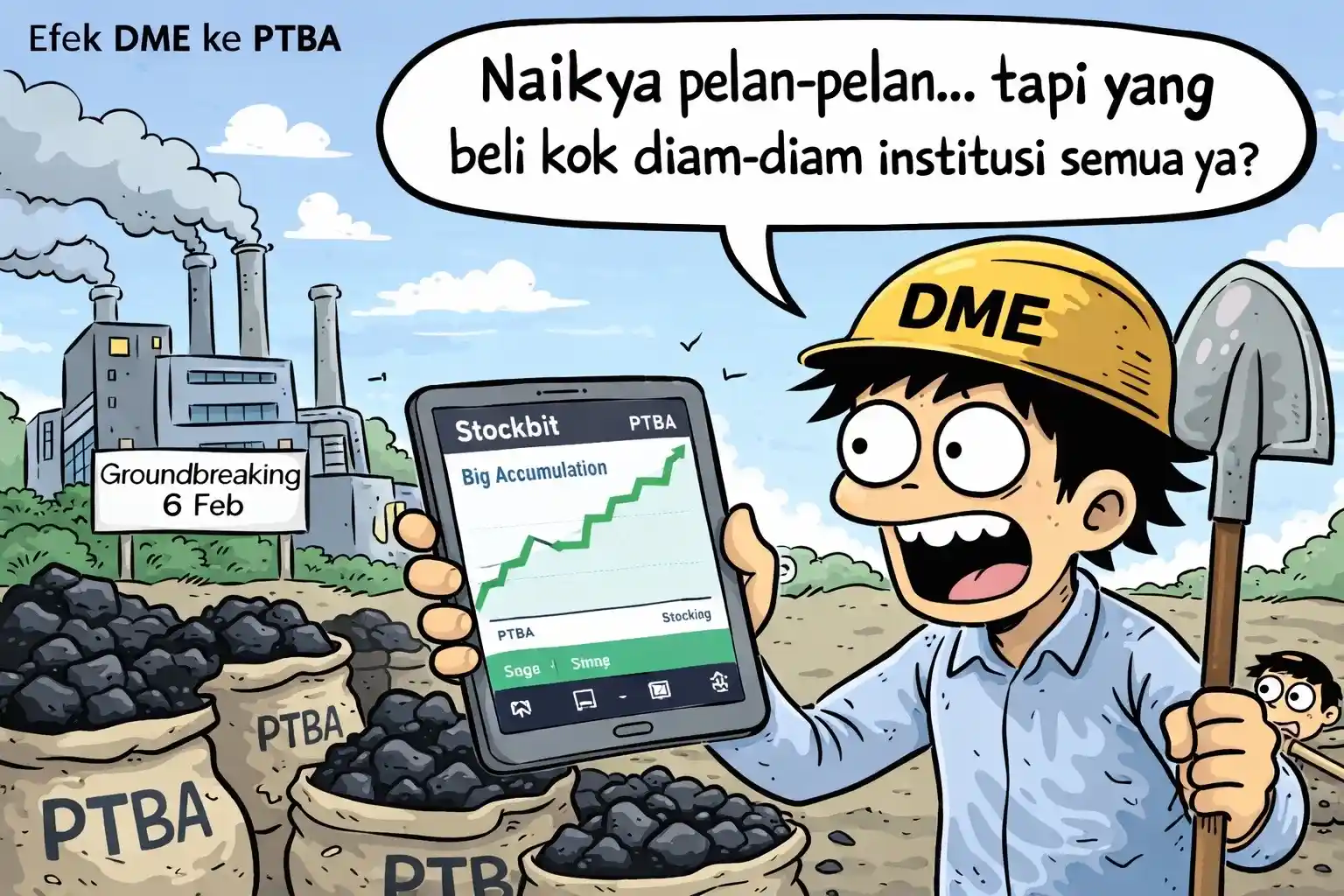 Saham PTBA menguat bertahap didukung akumulasi institusi. Sentimen proyek DME dan harga batu bara global menjadi katalis utama pergerakan. Gambar dibuat oleh AI