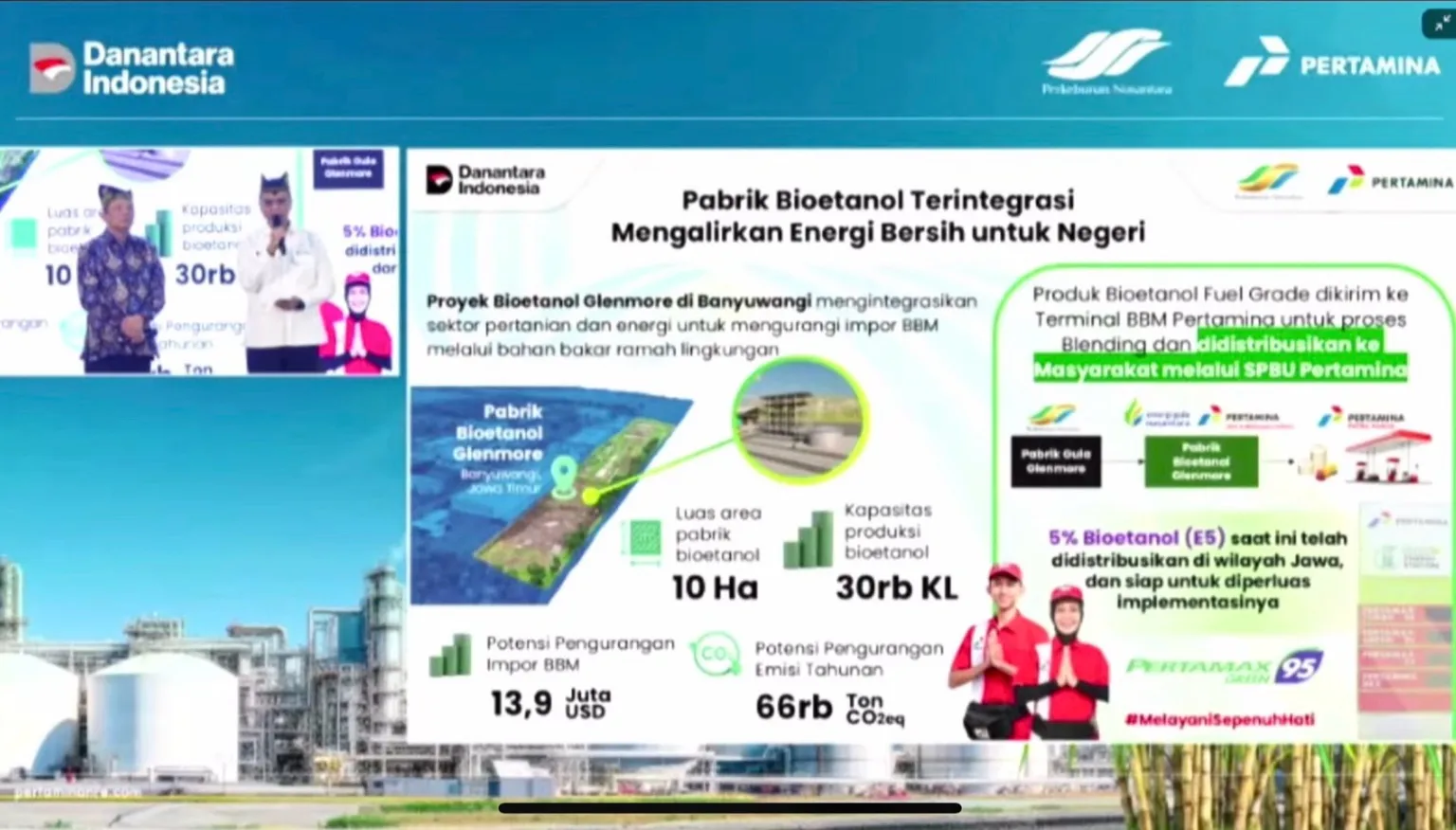 PTPN III dan Pertamina memulai proyek hilirisasi bioethanol Glenmore berkapasitas 100 KLPD untuk memperkuat ketahanan energi dan nilai tambah industri nasional. Foto: Tangkapan layar YouTube Danantara Indonesia.