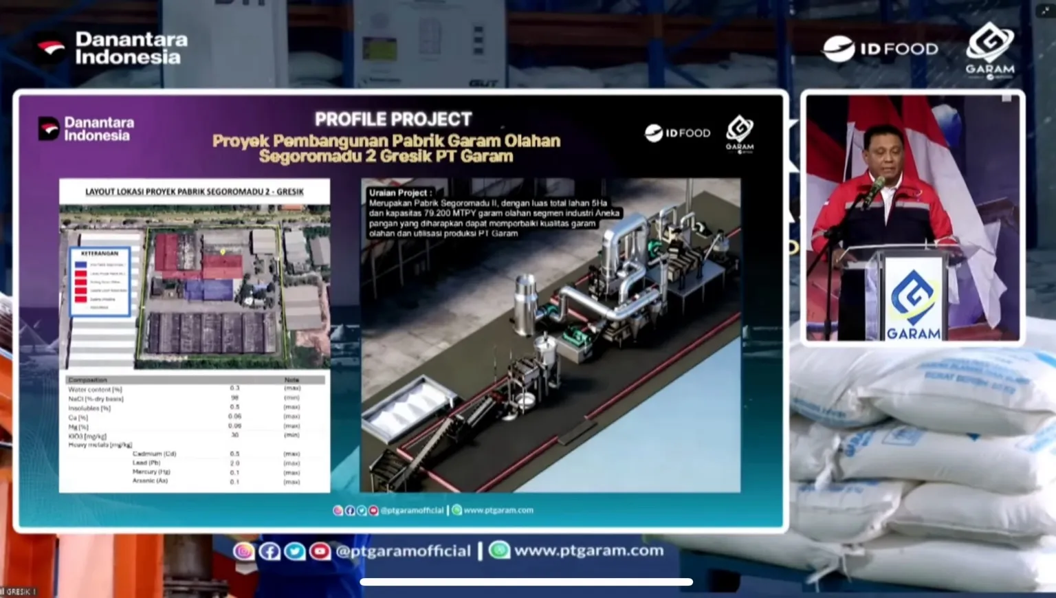 PT Garam menginvestasikan Rp3 triliun membangun tiga pabrik garam modern berteknologi MVR untuk memperkuat hilirisasi dan kemandirian garam nasional. Foto: Tangkapan layar YouTube Danantara Indonesia