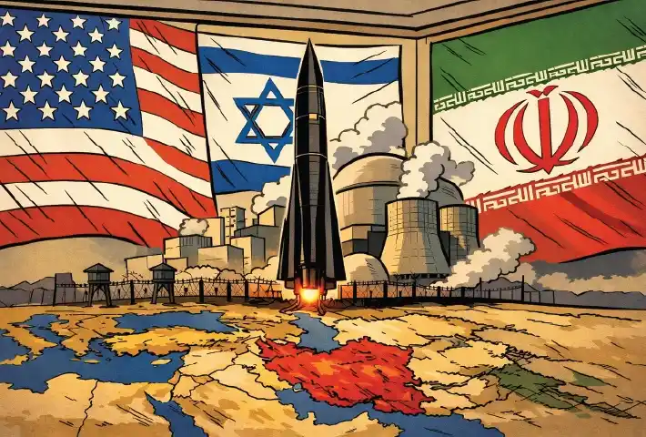 Ilustrasi konflik Israel–AS vs Iran yang memicu ketidakpastian pasar global, lonjakan harga energi, dan tekanan terhadap nilai tukar rupiah Indonesia. (Ilustrator : Andrew Bernard)