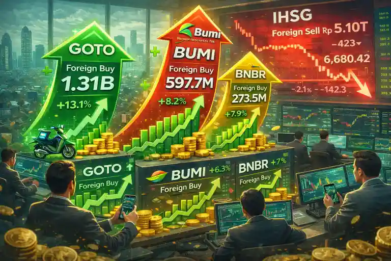 Hingga perdagangan tengah hari ini, asing fokus mengakumulasi saham GOTO, BUMI dan BNBR. (Foto: AI untuk KabarBursa)
