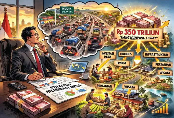 Anomali ekonomi tahunan Indonesia bernama Mudikonomics mencatat perputaran uang rill hingga Rp350 triliun. Namun, tanpa strategi hilirisasi desa yang kuat, angka fantastis ini hanya menjadi uang numpang lewat yang kembali tersedot ke korporasi besar di Jakarta. Saatnya mengubah ritual konsumsi musiman menjadi investasi produktif akar rumput melalui penguatan BUMDes dan kedaulatan produksi desa. Mari bedah anatomi ekonomi mudik dan solusinya bagi ketimpangan daerah. Ilustraror Andrew Bernard