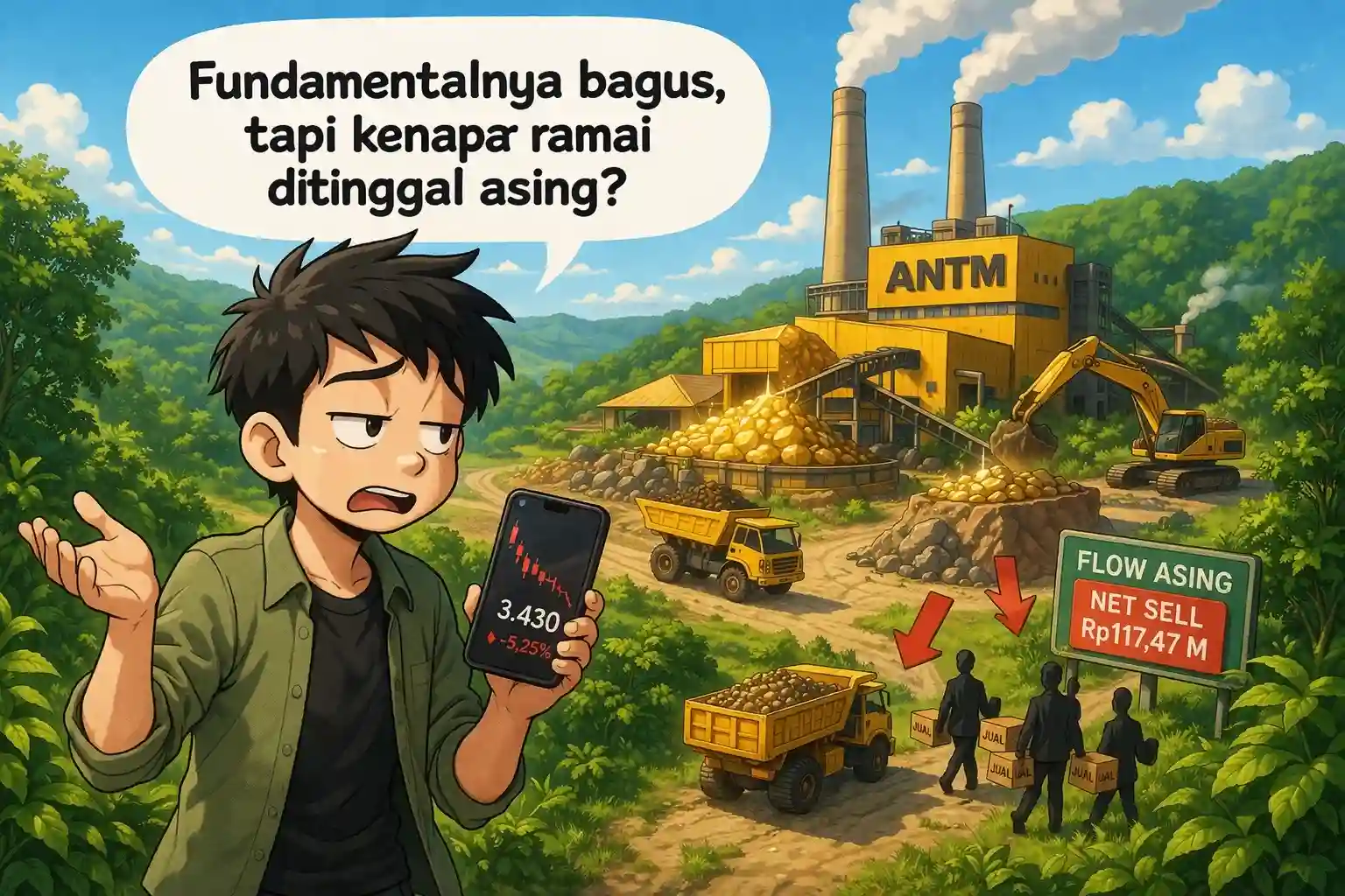 ANTM turun di tengah net sell asing, padahal valuasi murah dan fundamental kuat. Apa yang sebenarnya dibaca pasar?