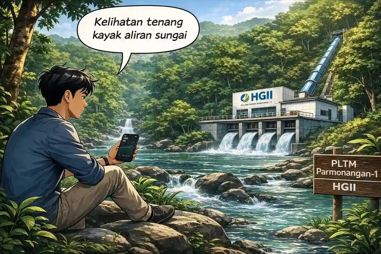 HGII konsolidasi di 140. Fundamental menguat, tapi pasar masih menunggu ekspansi energi terbarukan. Gambar dibuat oleh AI untuk KabarBursa