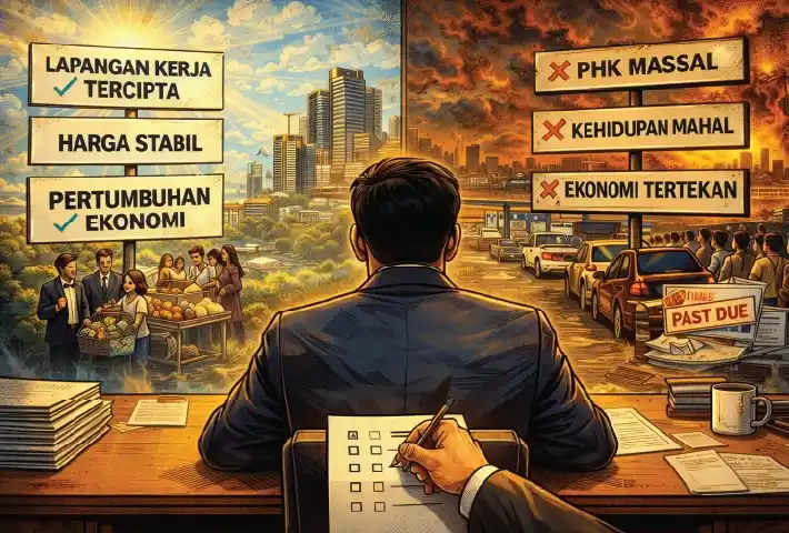 Janji stabilitas dan pertumbuhan berhadapan dengan realitas tekanan ekonomi, PHK, dan biaya hidup yang meningkat—arah kebijakan diuji di titik krusial. (Ilustrator: Andrew Bernard)