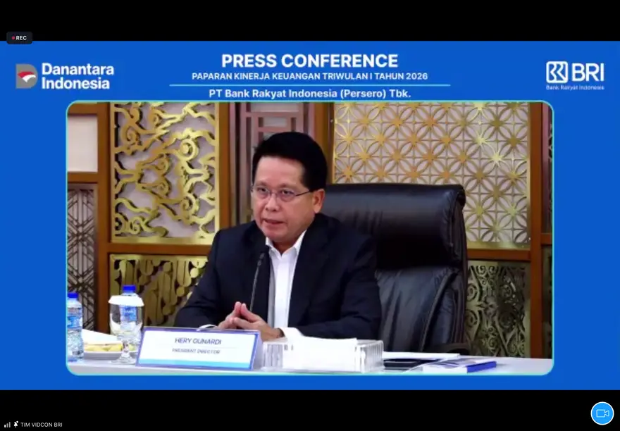 Tangkapan layar Direktur Utama PT Bank Rakyat Indonesia Tbk Hery Gunardi saat memaparkan materi  konferensi pers laporan kinerja keuangan BRI Triwulan I tahun 2026 secara dari daring pada Kamis, 30 April 2026. Desty Luthfiani/KabarBursa.com