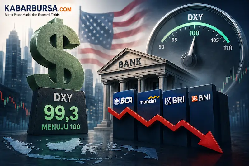 Ilustrasi penguatan indeks dolar Amerika Serikat (DXY) menuju level psikologis 100 berpotensi memberikan tekanan awal terhadap saham-saham perbankan. Gambar dibuat oleh AI untuk KabarBursa.com. 