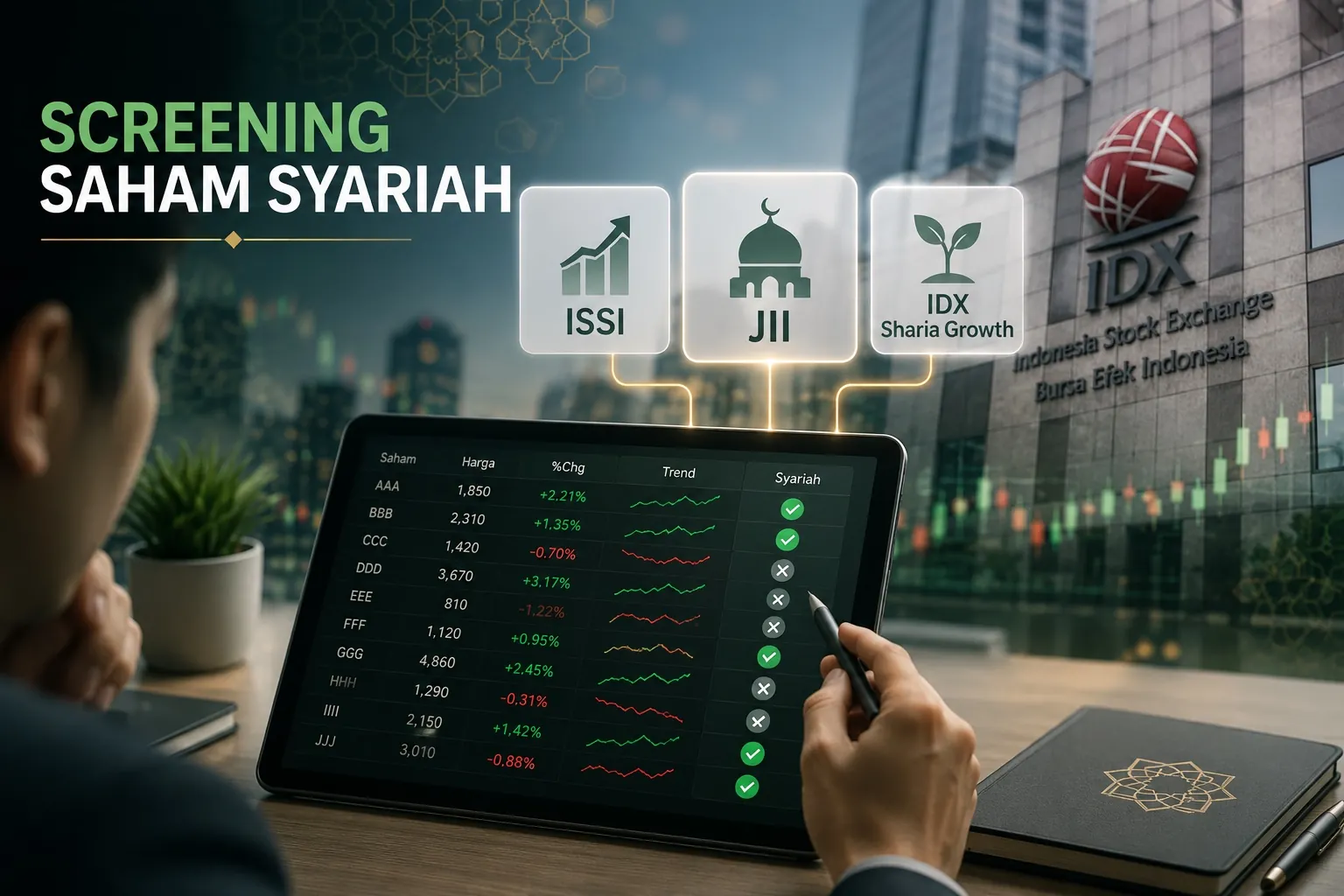 Panduan memilih saham syariah di BEI. Kenali ISSI, JII, IDX Sharia Growth, serta strategi screening fundamental, teknikal, dan foreign flow. Gambar dibuat oleh AI untuk KabarBursa