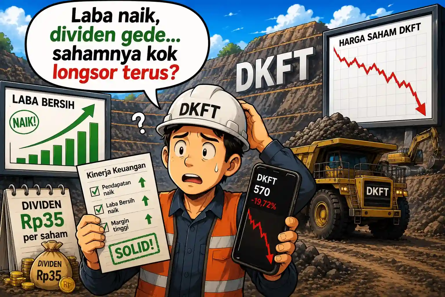 Saham DKFT turun hampir 20 persen meski laba, dividen, dan rasio keuangan membaik. Benarkah asing melihat risiko yang belum disadari pasar? Gambar dibuat oleh AI untuk KabarBursa.