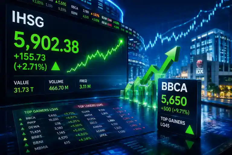IHSG dibuka di level 5.744,06 dan terus bergerak naik hingga menyentuh level tertinggi 5.942,94 sebelum akhirnya ditutup di 5.902,38. (Foto: KabarBursa)