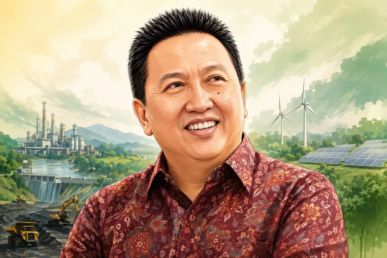 Profil mendalam Boy Thohir dan transisi PT Alamtri Resources Indonesia Tbk (ADRO) dari batubara termal menuju ekosistem mineral hijau. Gambar dibuat oleh AI untuk KabarBursa.