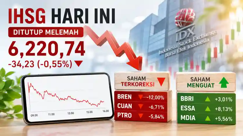 IHSG melanjutkan koreksi di sesi I, dan ditutup melemah 34,23 poin atau 0,55 persen ke level 6.220,74. (Foto: KabarBursa)