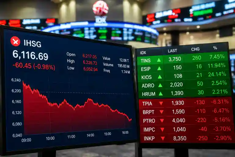 IHSG melemah 60,45 poin atau 0,98 persen ke level 6.116,69. (Foto: KabarBursa)