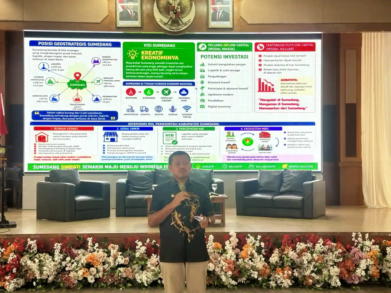 Bupati Sumedang, Dony Ahmad Munir, memaparkan strategi pengembangan ekonomi Sumedang dalam Forum Ekonomi Regional Jawa Barat (FER Jabar) 2026 di Aula Tampomas, Sumedang, Jawa Barat, Selasa, 23 Juni 2026. Foto: Alpin Pulungan/KabarBursa.